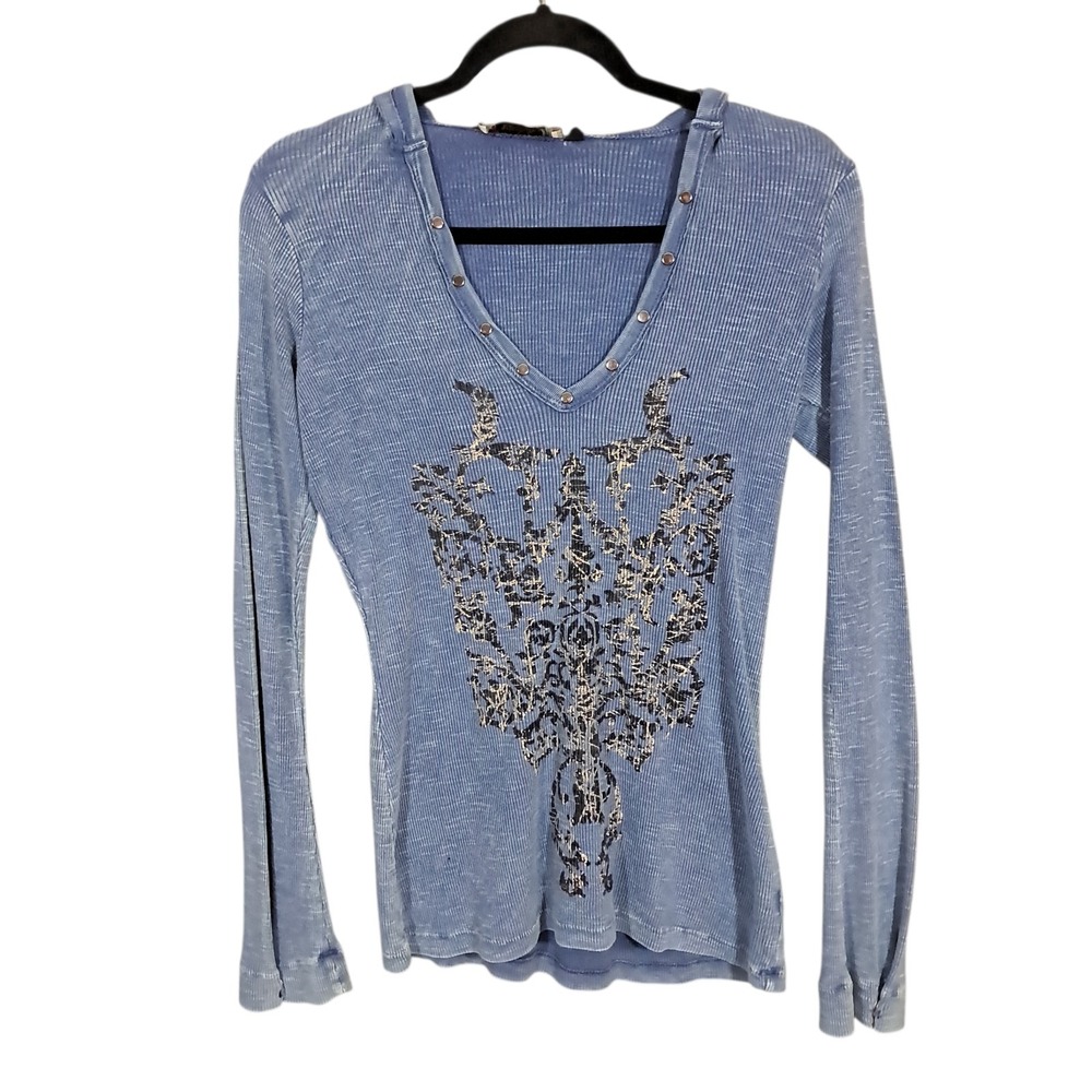 Y2K‎ Thermal Hoodie Shirt Layered Vintage Waffle Cybergrunge Blue V Neck